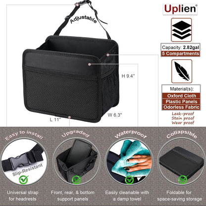 Car Seat Back Organizer Hanging Bag [2025 UPDATED] Foldable Backseat Storage Caddy with 5 Compartments & Adjustable Straps, Fits for Front/Back Headrest, Ultra-Durable - Black