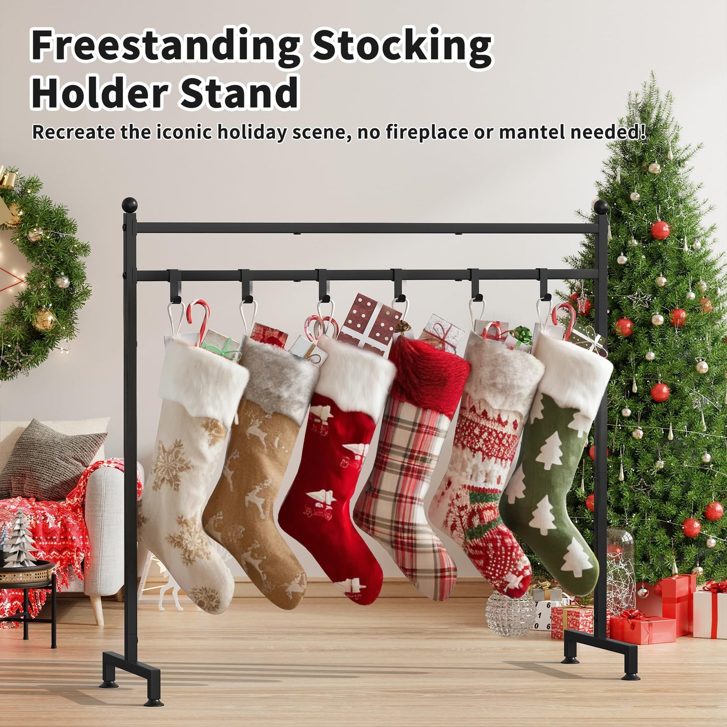 GloTika Christmas Stocking Holder Stand with 8 Hooks, Heavy Duty Freestanding Christmas Stocking Stand for Floor, Metal Holiday Decor Hanger Display for Fireplace Xmas Holiday Decoration