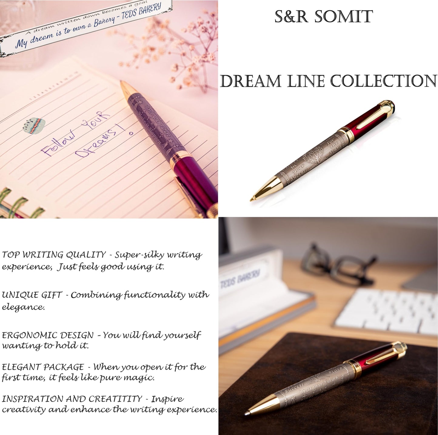 S&R Somit™ Fancy Pen For Men and Women With Gift Box - Valuable Luxury Pen for Business and Office, Executive Gift for Family & Friends - Special Engraving & Led Decorative Box (RED GOLD)