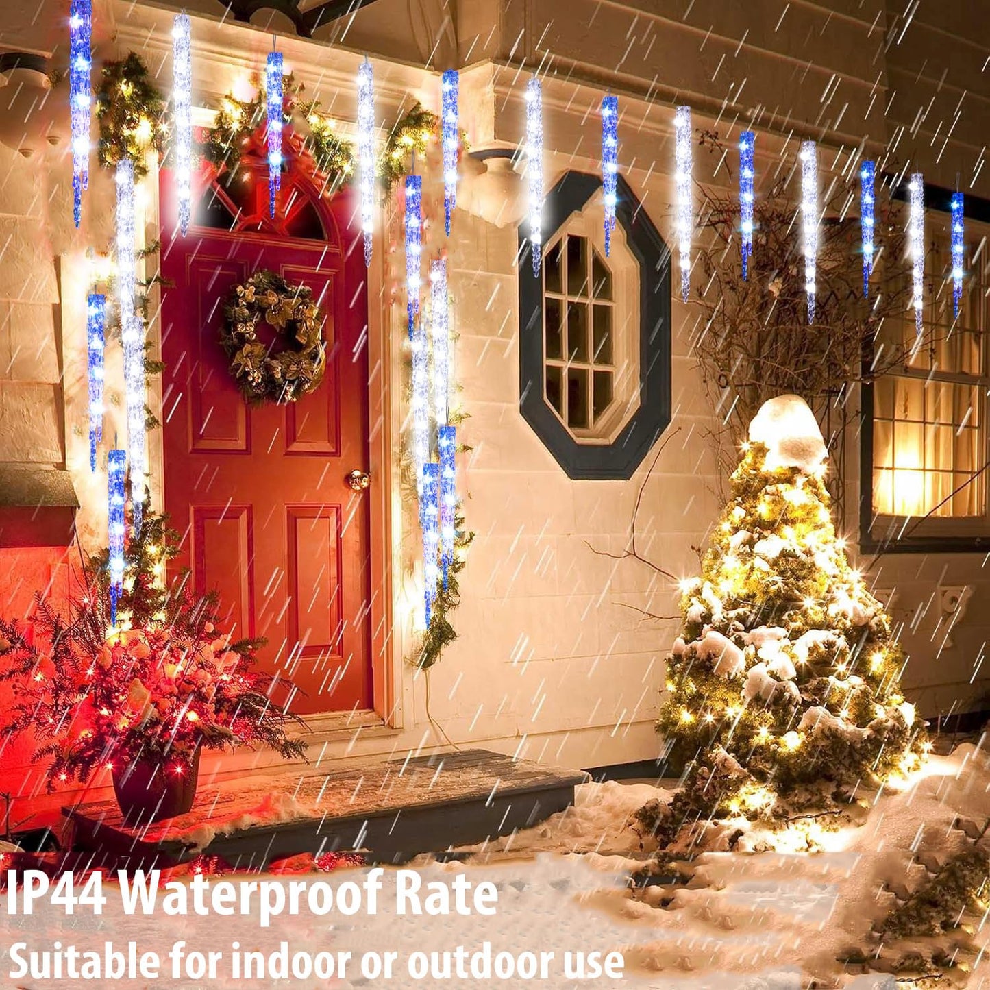 TWINKVILLA Blue and White Icicle Lights for Outside, Christmas Lights Outdoor with 20 Large Tubes, 29FT 8 Modes with Timer, Connectable Meteor Shower Light for Eave Roofline Tree Decoration