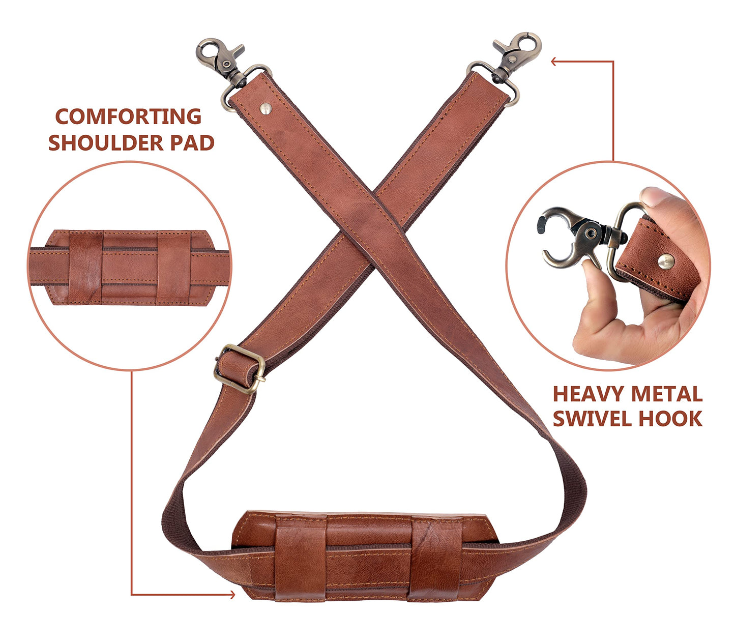 Adjustable 60-inch Real Leather Bag Replacement Shoulder Strap Comfort Fit Padded with Metal Swivel Hooks for Crossbody Purses, Laptop Messenger Bags, Handbags and Duffle Luggage Straps (Brown)