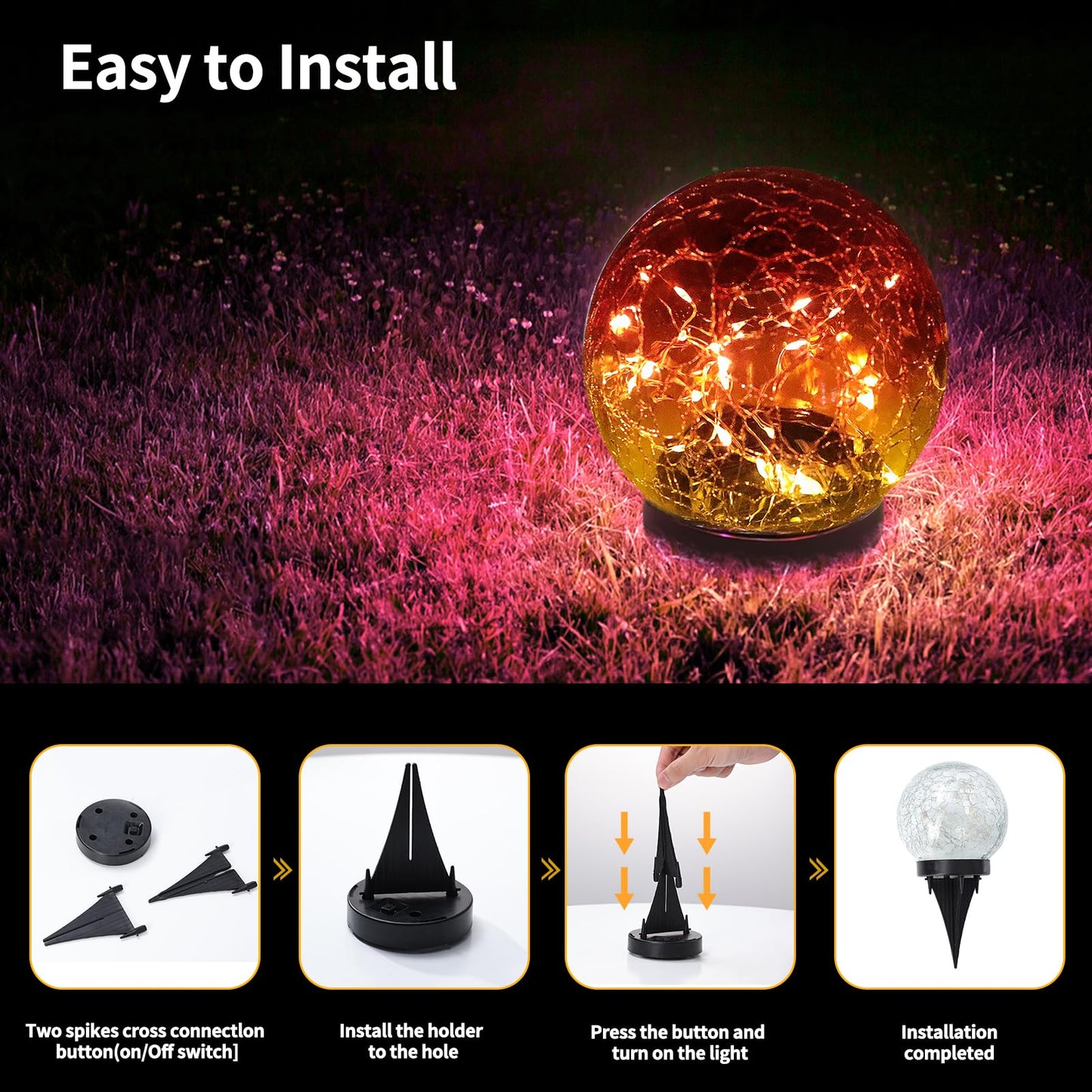 JKIMK Solar Globe Lights Outdoor Waterproof - Cracked Glass Ball Lights for Garden, Patio, Yard, Lawn and Backyard Decor - Decorative Orbs for Outside