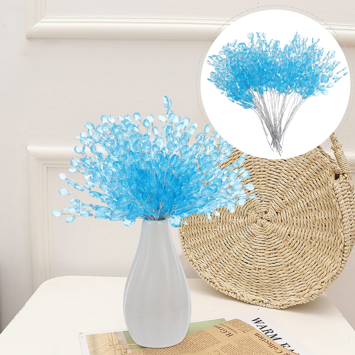 VOSAREA Stems 50 Stems Artificial Bouquets Acrylic Bead Drops Branches Bead Sprays for Wedding DIY Crafts (16cm, Blue) Floral Picks with Wire