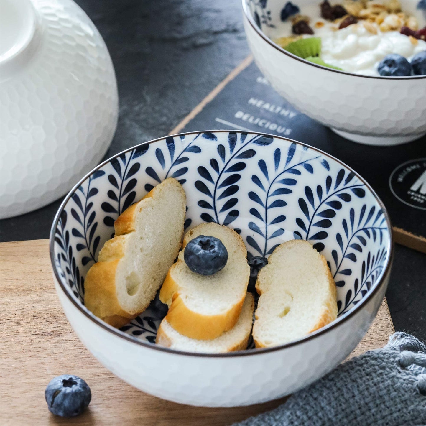 Swuut Japanese Style Ceramic Cereal Bowls,24 Ounces Salad,Soup Ramen Pho Salad Bowl Set of 6,Blue and White Microwave Safe (6 inch)