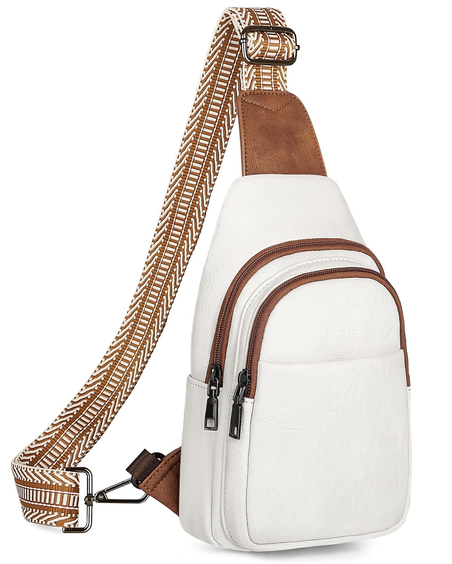 SYTRAH Sling Bag for Women, Crossbody Bags Purse for Women Trendy Vegan Leather Chest Bag with Adjustable Guitar Strap, Beige Brown