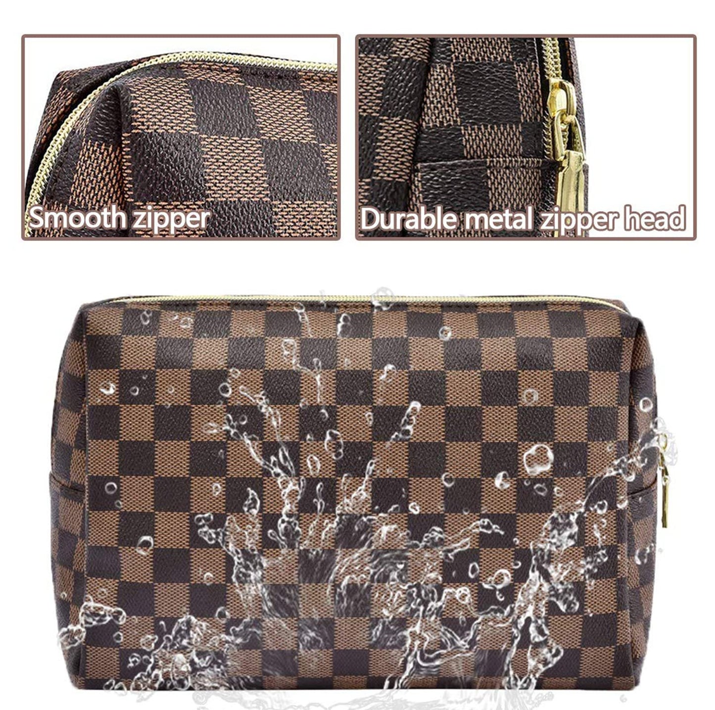 BAGCRAZY Checkered Makeup Bag Set, Elegant Travel Cosmetic Bag 2 Pack, Waterproof PU Leather Makeup Organizer with Zipper for Women