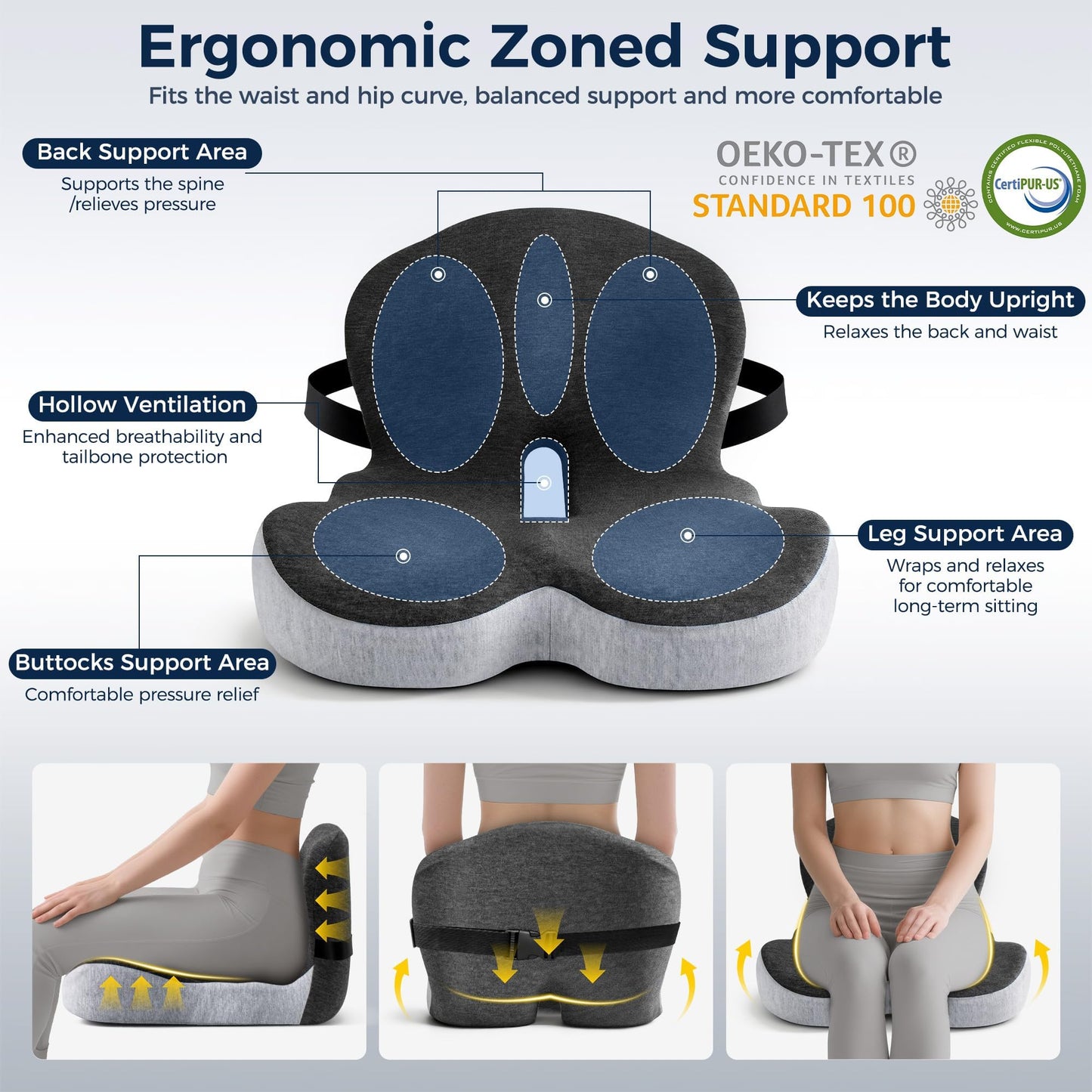 Seat Cushion, Office Chair Cushions for Tailbone Relief, Seat Cushions for Office Chair with L-Shaped Ergonomic Design & Adjustable Strap, Memory Foam Chair Cushion for Long Sitting Worker(Black Gray)