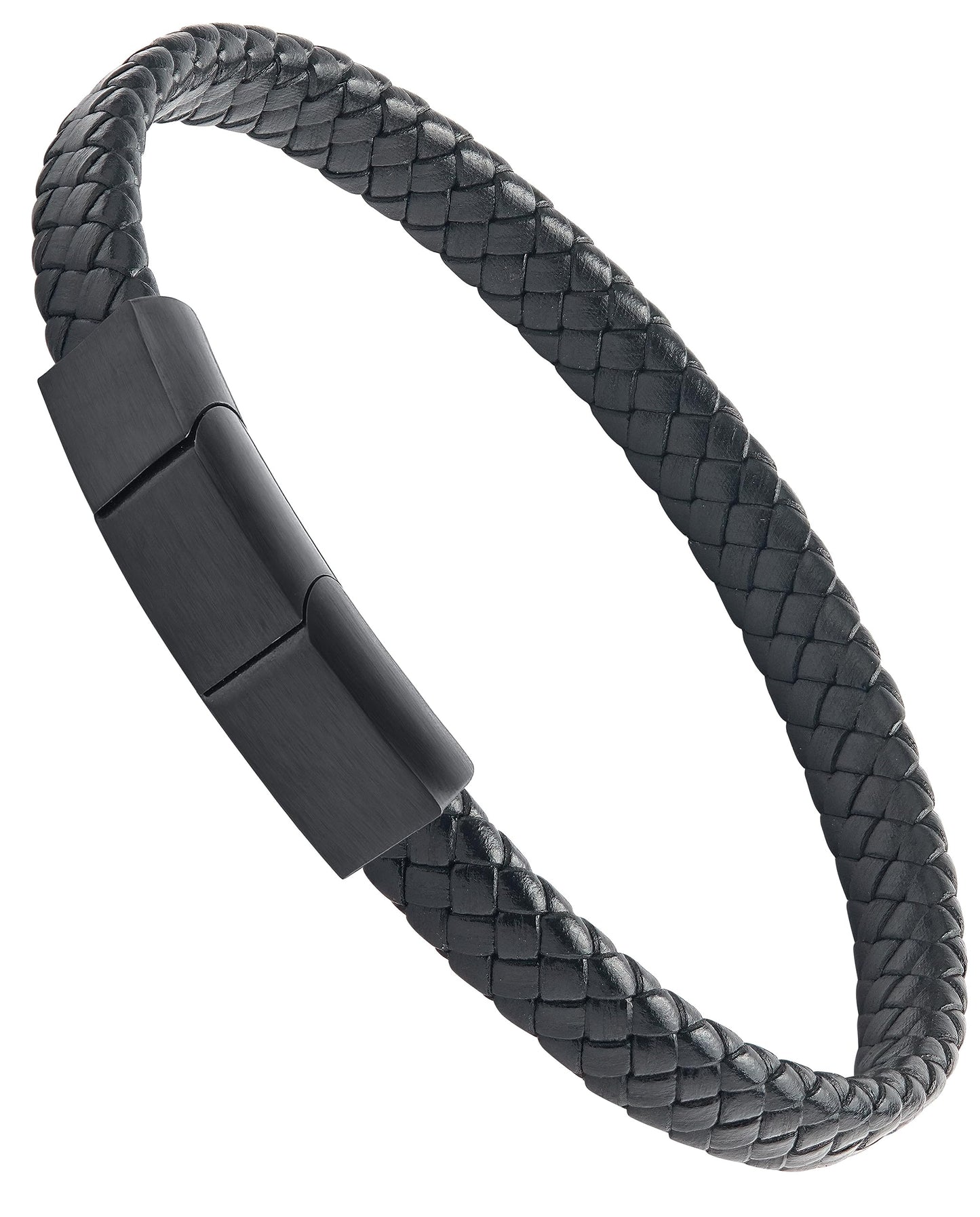 Forge & Foundry Men's Genuine Interwoven Leather Braided Bracelet with Matte Black Custom Engraved Stainless Steel Clasp | “Hanover” | Artist Collaboration Design | Medium Adjustable