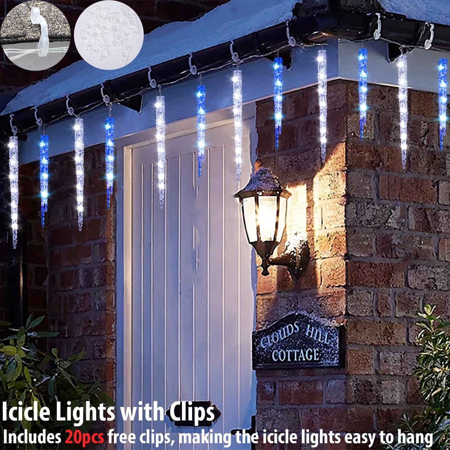 TWINKVILLA Blue and White Icicle Lights for Outside, Christmas Lights Outdoor with 20 Large Tubes, 29FT 8 Modes with Timer, Connectable Meteor Shower Light for Eave Roofline Tree Decoration
