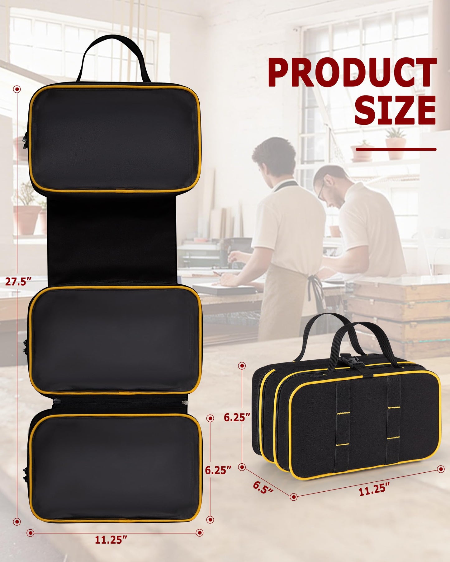 Marscamd Roll Up Tool Bag with 3 Clear Window Cases (One Detachable), Tri-fold Tool Bag Organizer for Hand Tools, Black