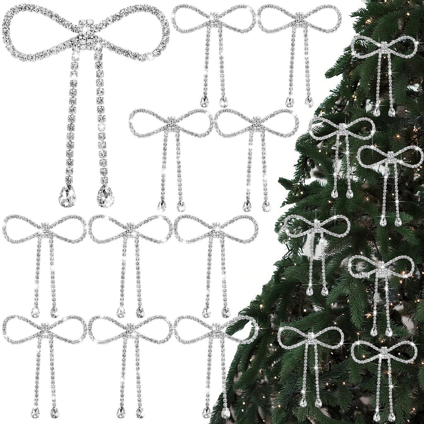 Highergo 12 Pcs Rhinestone Christmas Bows Ornaments Sparkly Glitter Bow Christmas Tree Ornaments for Xmas Wreath Garland Fireplace Home Decorations(Classic Style,Silver)
