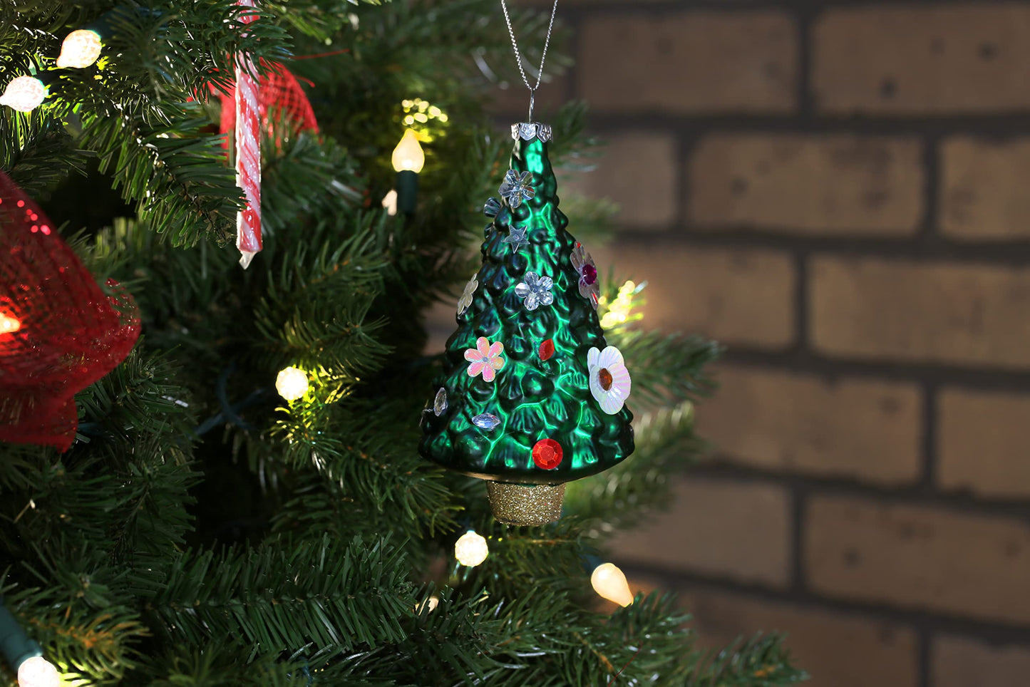 North Star Christmas | Christmas Tree with Flowers Glass Ornament | Christmas Collection