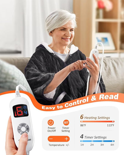Wearable Heated Blanket - Cozy Gift for Women, Mom, Men| Reversible Flannel & Sherpa Electric Wrap with Pockets & Hood, 6 Heat Levels, 1-4H Timer, ETL Safe, Machine Wash, 50"x70" Grey