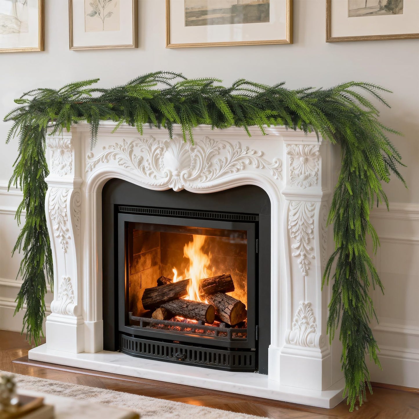 PABREY 2 Pcs 9 Ft Norfolk Pine Garlands, Artificial Real Touch Winter Christmas Green Greenery Garlands for Mantle, Fireplace, Table, Wall, Outdoor, Indoor Christmas Decorations (9 FT, 2)