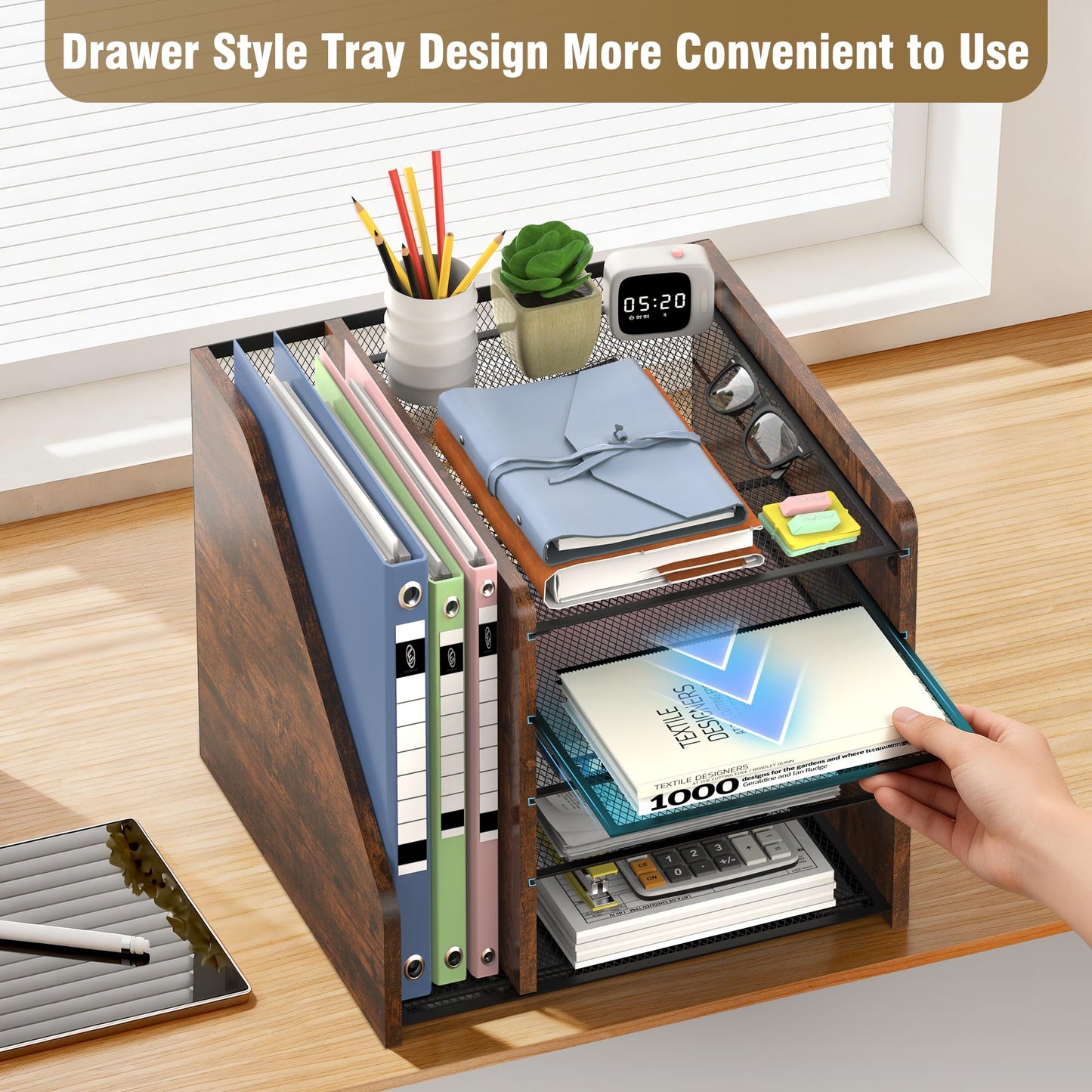 Desktop Storage with File Rack, 5-Layer Paper Letter Tray Storage, mesh Desktop Storage, and Storage Device with Office Supplies and Magazine Rack-Wood Grain