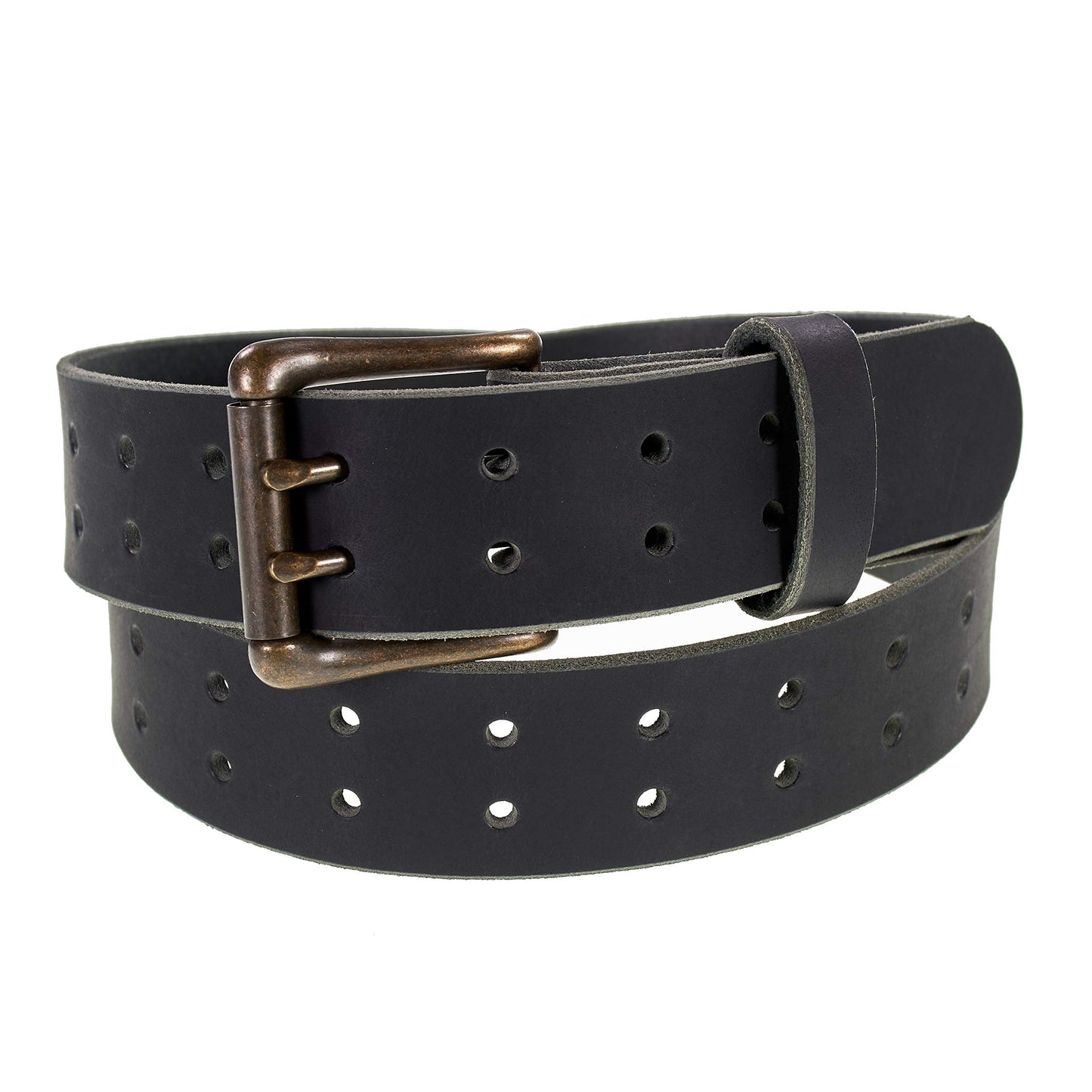 Men’s Classic Leather Belt, Double Prong Retro Style, Antique Brass Buckle, 1 ½” Width, Amish handmade in the USA (Black, 38")