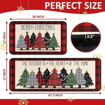 Buffalo Plaid Xmas Trees Merry Christmas Red Kitchen Rugs Set of 2, Non Skid Washable Soft Comfort Kitchen Rugs Set (17"x47"+17"x30",Merry Christmas)