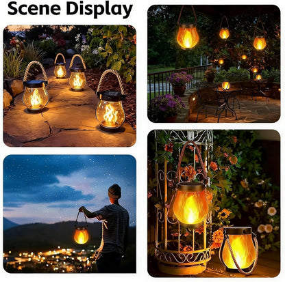 ATDEXT 4PCS Solar Lanterns Outdoor with Ultra-Real Flame, Outdoor Flickering Hanging Lights IP65 Waterproof, 2 Modes, Dual USB/Solar, Auto On/Off for Garden Yard Patio Porch Halloween Christmas Decor