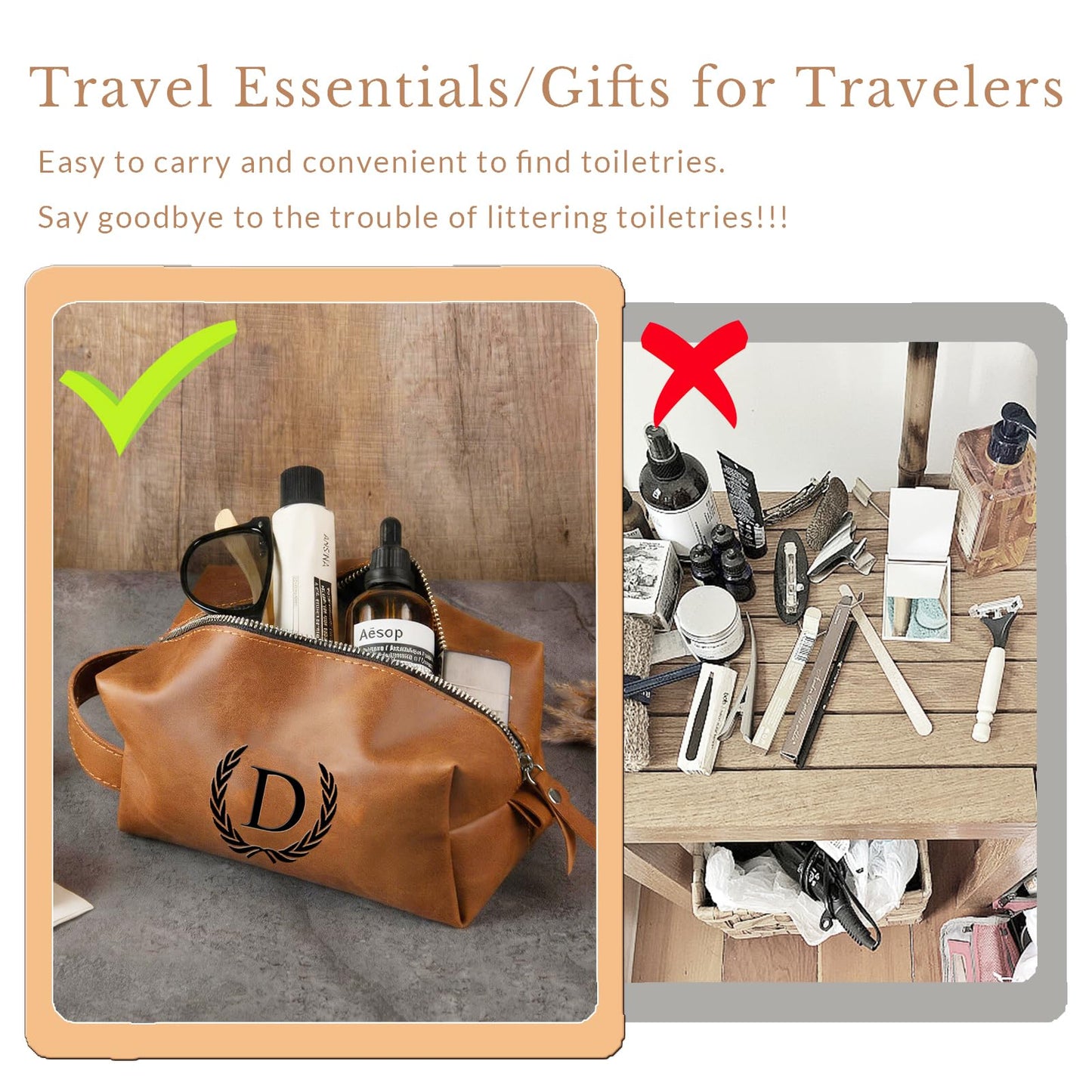 XUMGCUTM Personalized Leather Toiletry Travel Bag for Men Custom Christmas Birthday Gifts for Men Groomsmen Dad Husband Boyfriend Engraved Initial Waterproof Shaving Bags(B, Light Brown)