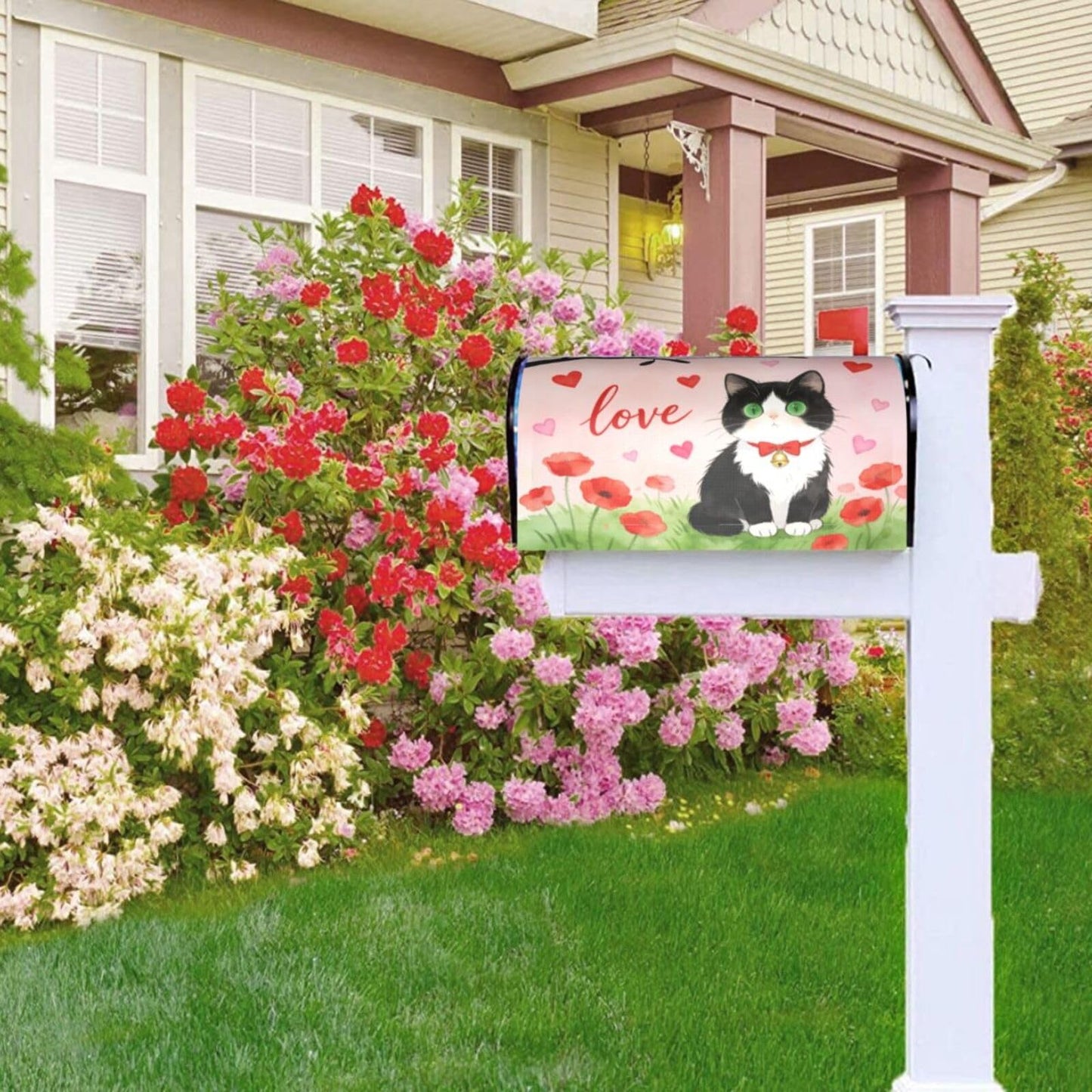 Love Cat Red Flowers Magnetic Mailbox Covers, Mail Wraps Garden Yard Home Decor for Outdoor Standard Size 21x18 in