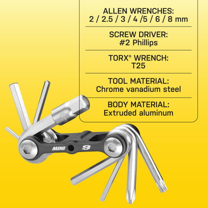 Topeak The Mini 9-Function Bicycle Tool - TT2409 , Black/Silver, L x W x H ﻿﻿﻿﻿6.6 x 3.1 x 2cm / 2.6” x 1.2” x 0.8”