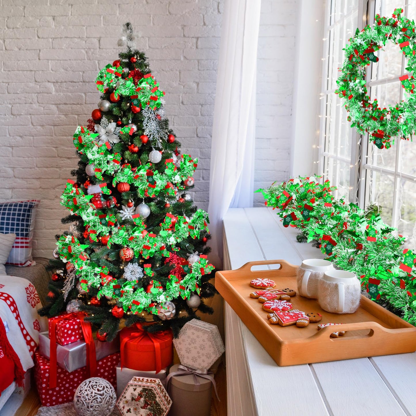 XunYee 98 ft Christmas Tree Snowflakes Tinsel Garland Decorations Red Green Metallic Twist Garland Holiday Shiny Wire Ornament for Xmas Festival Home Mantle Fireplace Indoor Outdoor Party Decor