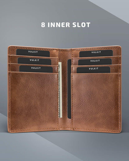 VULKIT Bifold Front Pocket Slim Wallet RFID Blocking Minimalist Thin Leather Credit Card Holder Wallet for Men and Women Brown