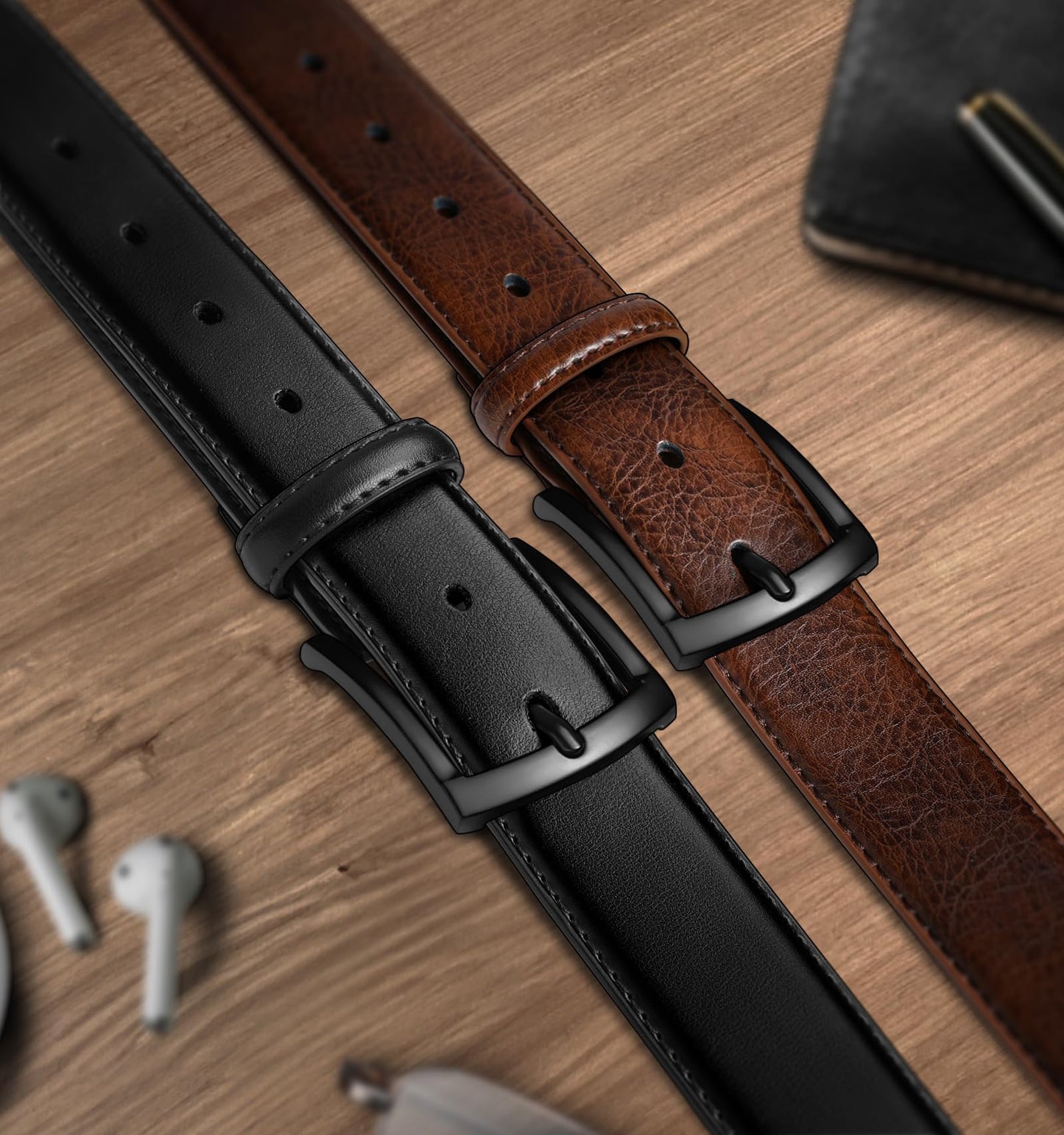 BULLIANT Men Belt 2Pack-Leather Belt 7Holes Comfortable For Men's Dress Casual Jeans 1 3/8"(Black/Deep Brown,32"-34" Waist Adjustable)