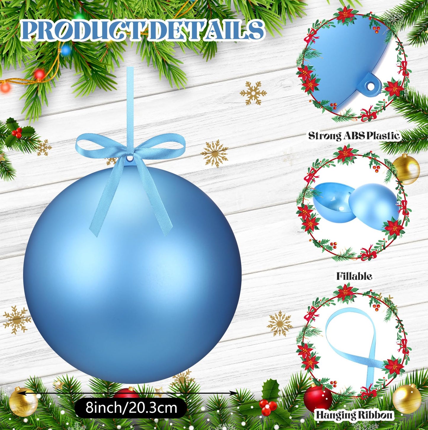 Zubebe 2 Pcs 8" Giant Fillable Christmas Ornaments with Ribbons Oversized Plastic Xmas Balls for Outdoor Lawn Yard Decor, Tree Hanging, Holiday Gifts(Matte Light Blue)