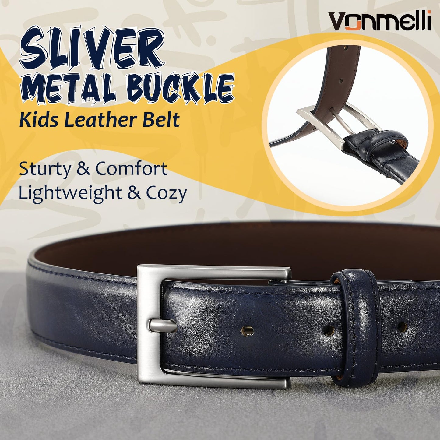 VONMELLI Boys Belt Leather Kids Blue Belt for Dress Jeans Formal and Casual Pants School Uniform Belts, XXL