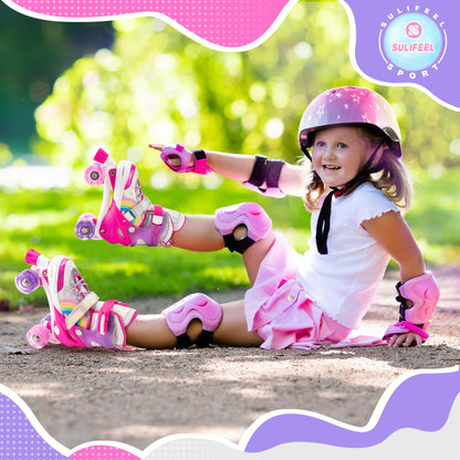 SULIFEEL Rainbow Unicorn 4 Size Adjustable Light up Roller Skates for Girls Boys for Kids Beginners Rollerskates Pink Large
