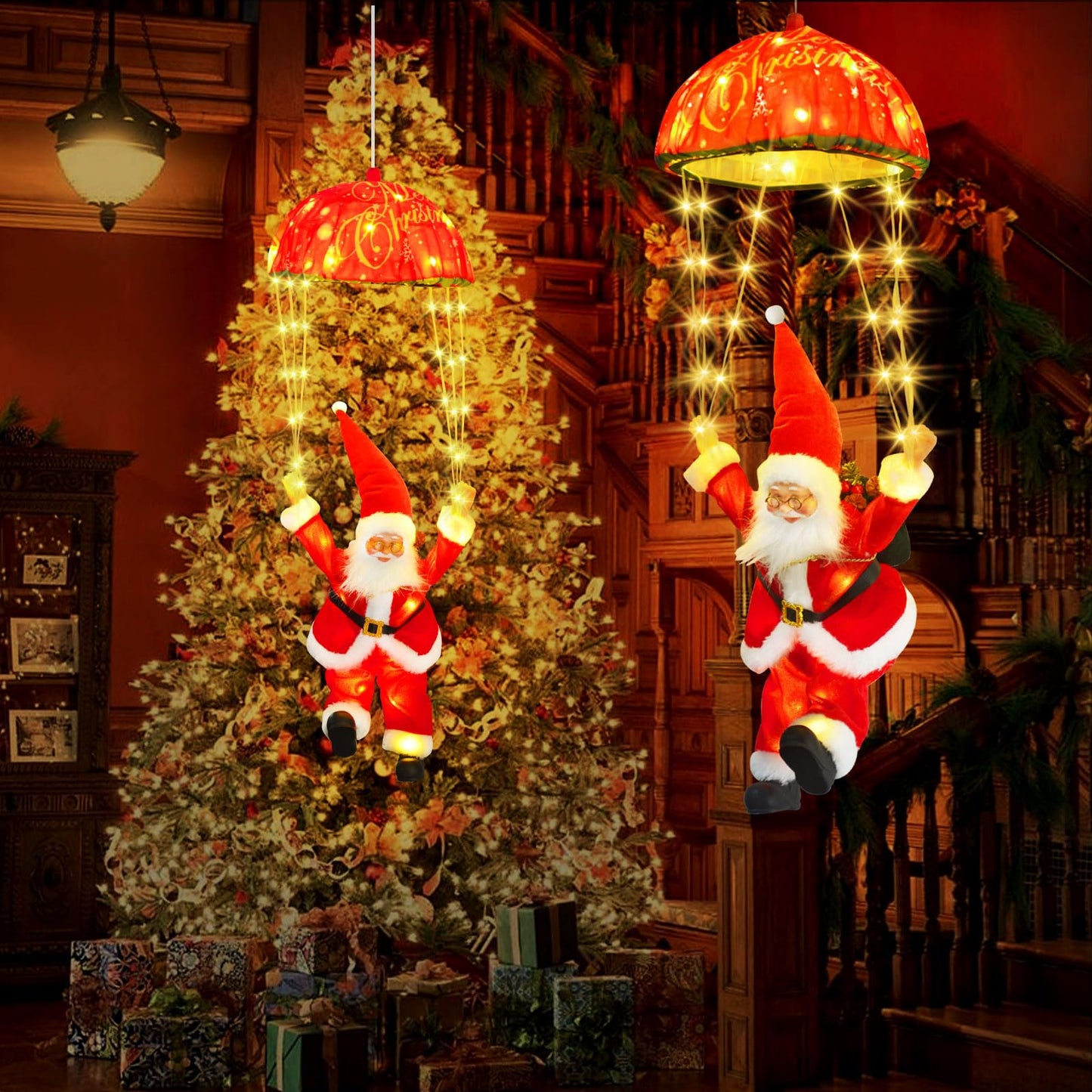 JNOEC Christmas Lights Outdoor Indoor, Santa Claus Parachute LED Lights, 8 Modes & Timer Christmas Decorations Lights Outside Inside for Window, Garden, Home, Porch, Xmas Tree Decor (Warm White)