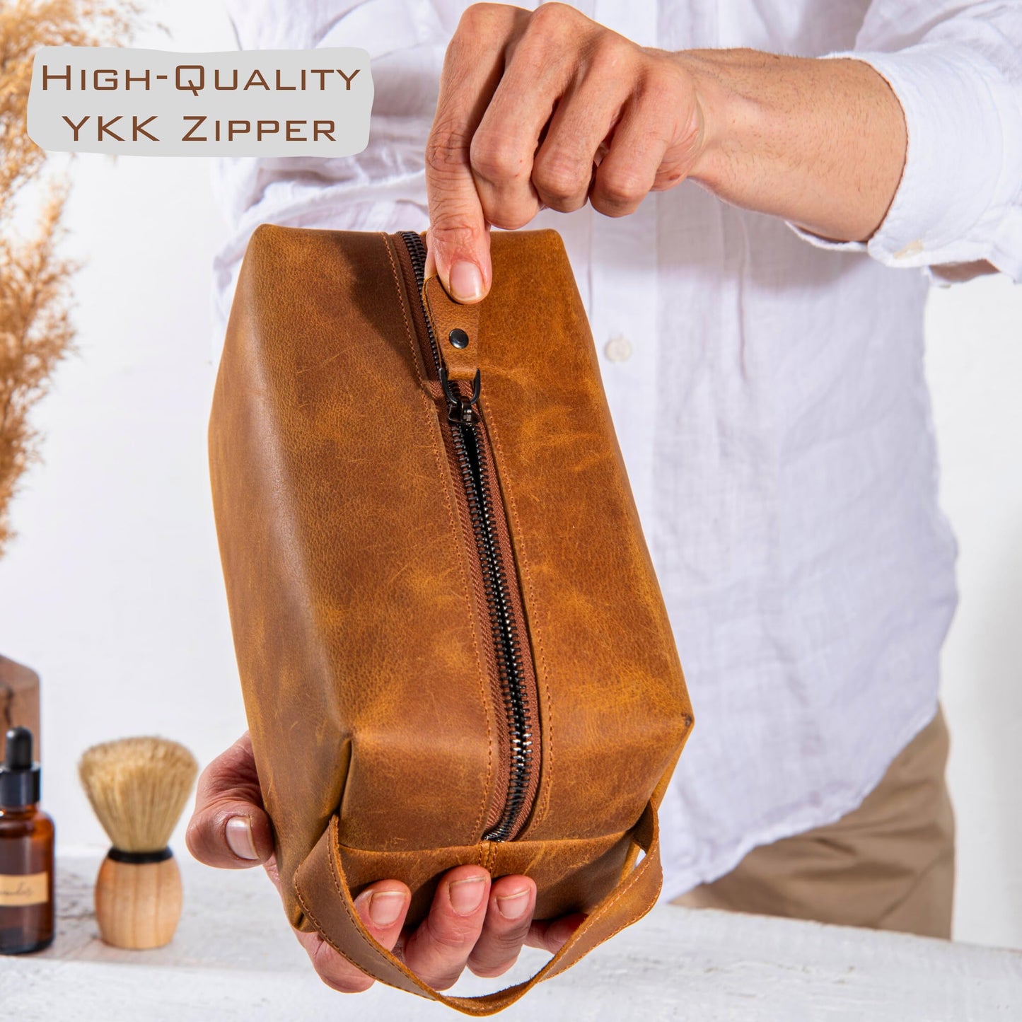 Personalized Leather Toiletry Bag for Men – Custom Shaving Dopp Kit with Name or Initial, Travel Gift for Groomsmen, Husband, Dad, Boyfriend, Birthday, Anniversary, Valentines Day Gifts for Men, Him