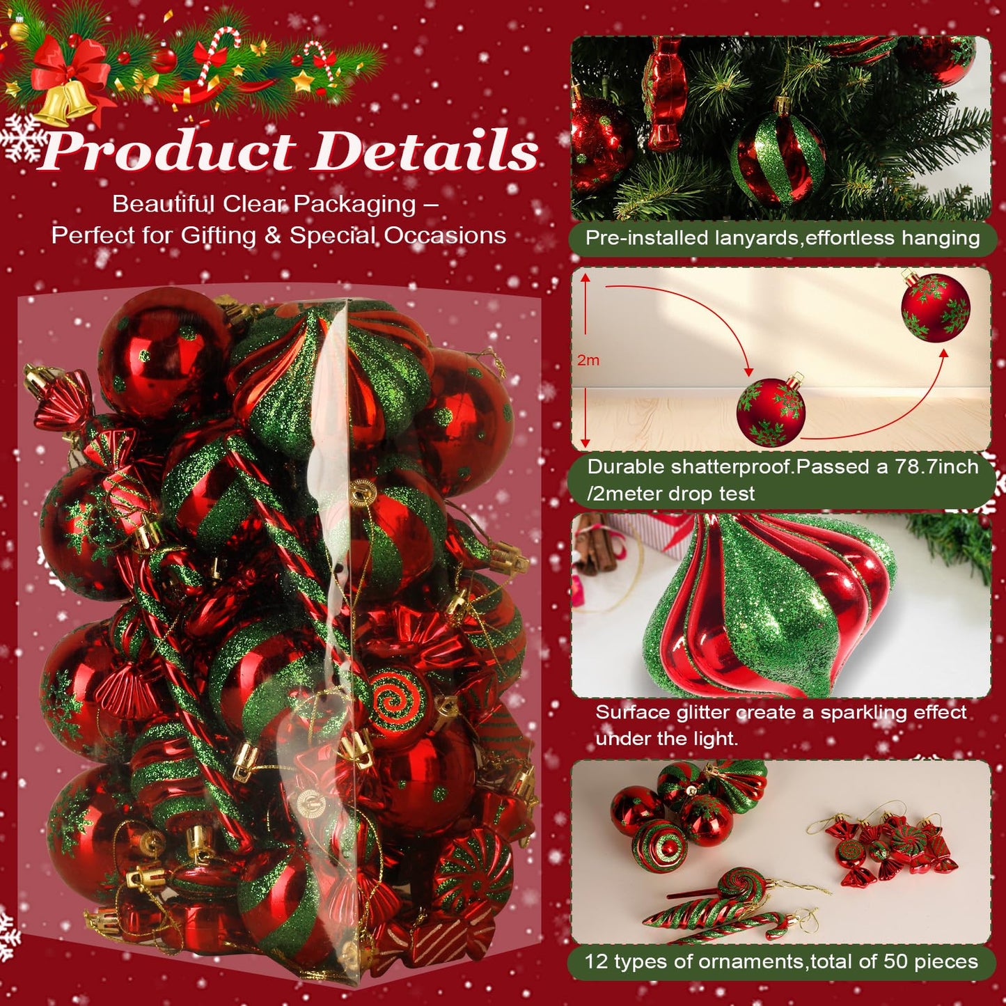 50PCS Christmas Ball Ornaments Candy Lollipop Set, Xmas Decoration Hanging Gloss Candy Canes Ball Pendants - Green Candy