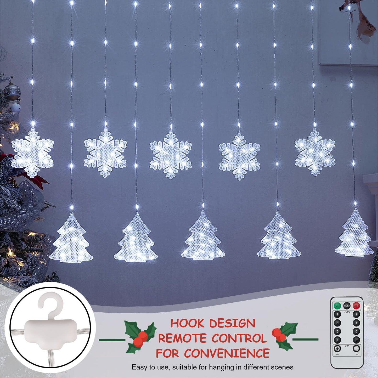 BLOOMWIN Christmas Window Lights Indoor - 2M 160 LED Christmas Window Decorations, Snowflake Curtain Hanging Fairy String Icicle Lights for Xmas Noel Bedroom Holiday Home Outdoor, Cold White USB