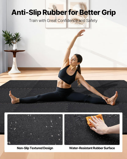 VEVOR 0.56Inch 96sq.ft 24 Tiles Gym Flooring for Home Gym, Rubber Top with High Density EVA Foam, 24 x 24In Gym Floor Exercise Equipment Mats, Interlocking Gym Mats, Puzzle Workout Mats, Black & Gray