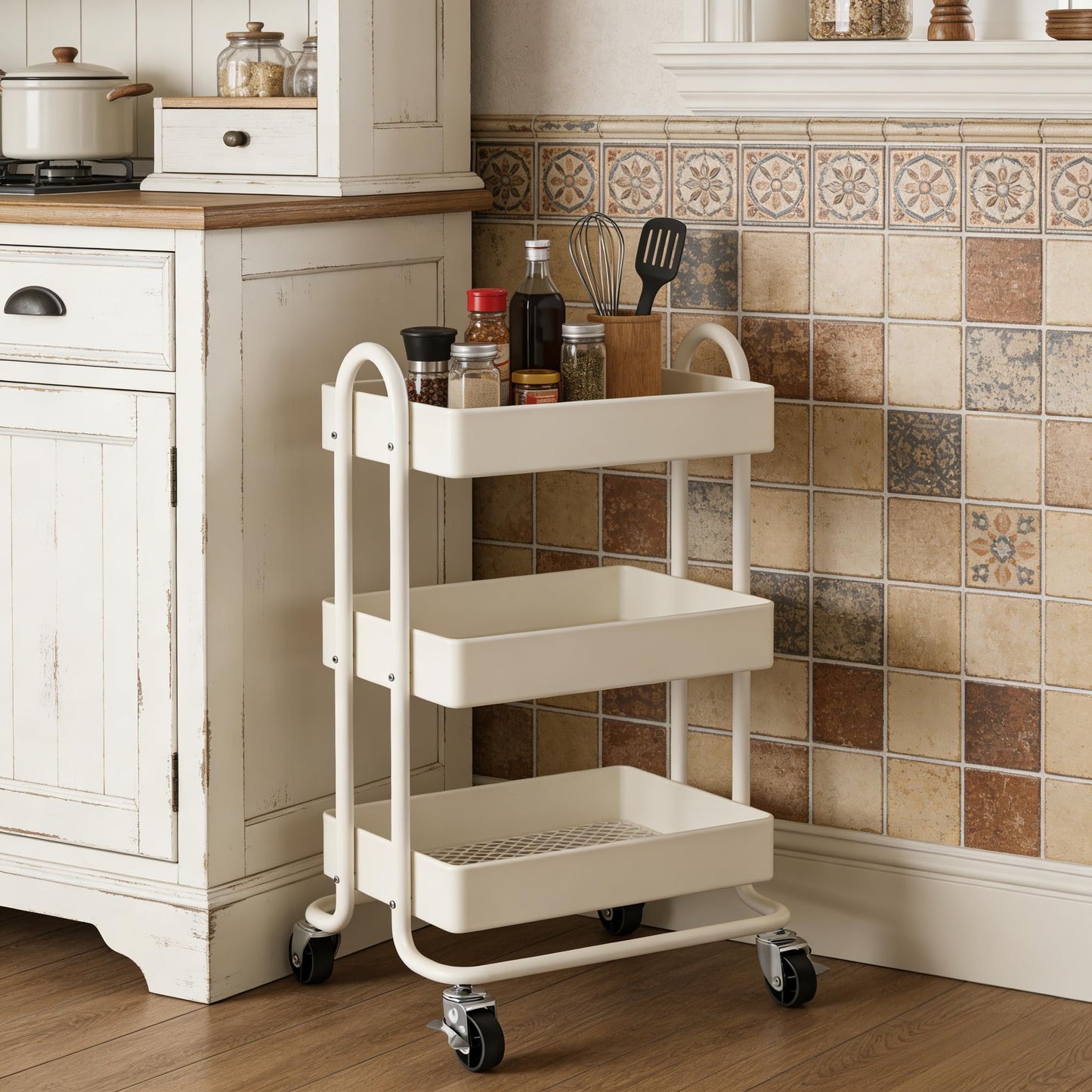 SIMHOMSTOR 3 Tier Metal Rolling Cart, Utility Storage Cart Shelf Organizer with Wheels for Home & Office, Cream