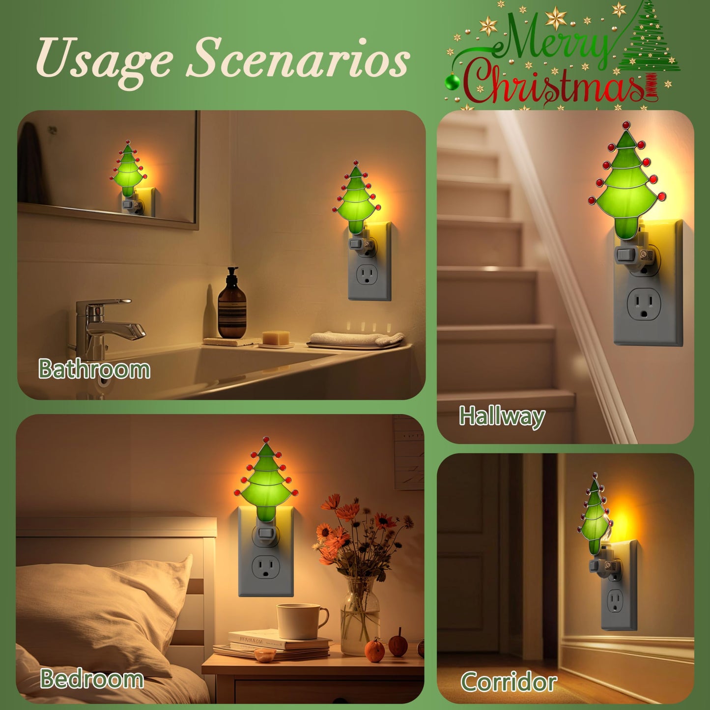 KUNDGLA Night Light Plug into Wall Stained Glass Christmas Tree Pretty Night Lights Plug in 7W Warm White Light Decorative Accent Nightlight Silver Chrome Nightlights Home Decor Gift for Grandkids