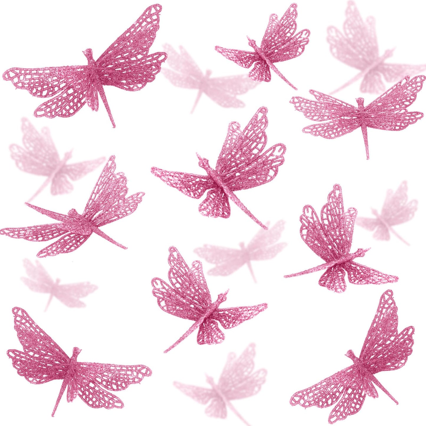 Motionchic 24 Pcs Glitter Dragonfly Decorations, Pink 3D Dragonfly Wall Decor with Clips Stem for Spring Summer Garden Party Wedding, Glitter Dragonflies for Floral Arrangement DIY Craft