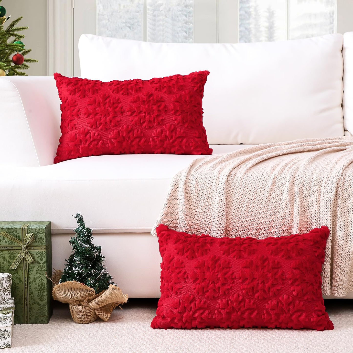 OTOSTAR Set of 2 Xmas Soft Plush Short Wool Velvet Decorative Throw Pillow Covers Rectangular Luxury Style Cushion Case Pillow Shell for Sofa Bedroom Snowflake Red, 16x24 Inch