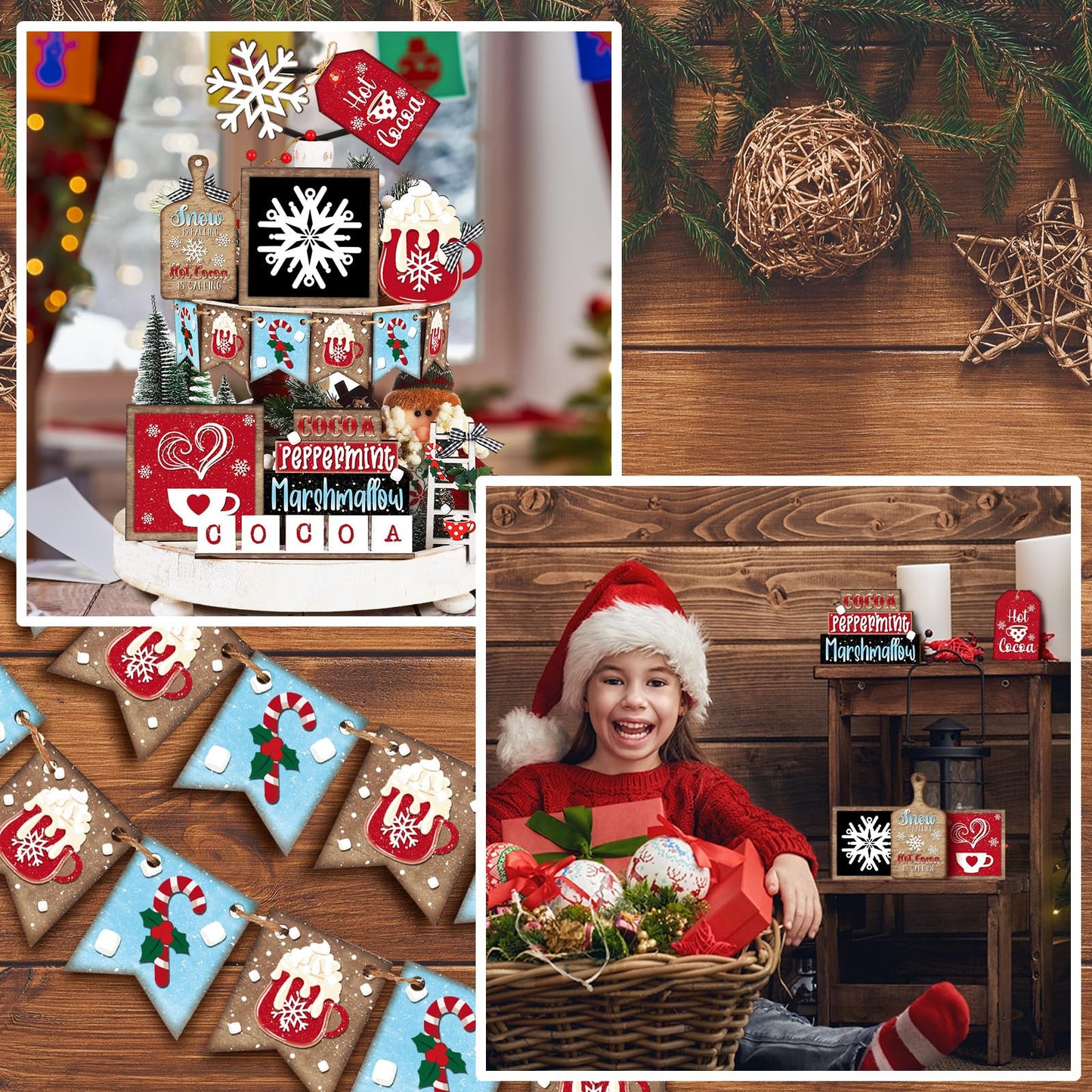 Fairysandy 14 Pcs Christmas Tiered Tray Decor Set Christmas Wooden Sign Decor Rustic Farmhouse Snowflake Cocoa Coffee Spice Blocks Winter Table Tabletop Sign for Home Xmas Shelf Coffee Bar