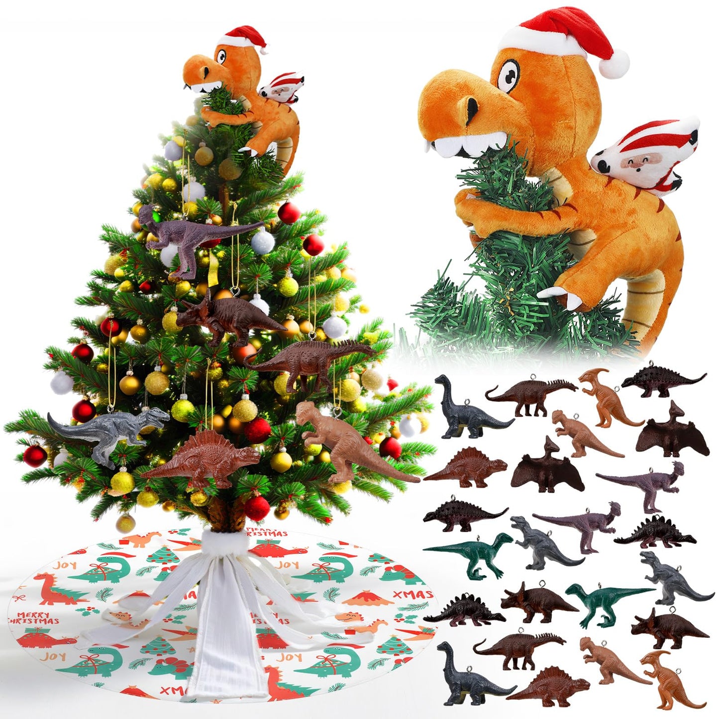 Leyndo 26 Pcs Christmas Tree Topper Ornaments Set Santa Riding Dinosaur Topper 24 Pcs Dinosaur Ornaments 30'' Xmas Tree Skirt