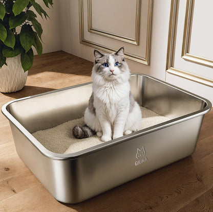 Qiuma Stainless Steel Litter Box with Handle, Large Metal Cat Litter Box with High Sided for Big and Small Cats, Kitty Litter Boxes, Non-Stick, Easy to Clean, Odor-Free, Small Cat Toilet