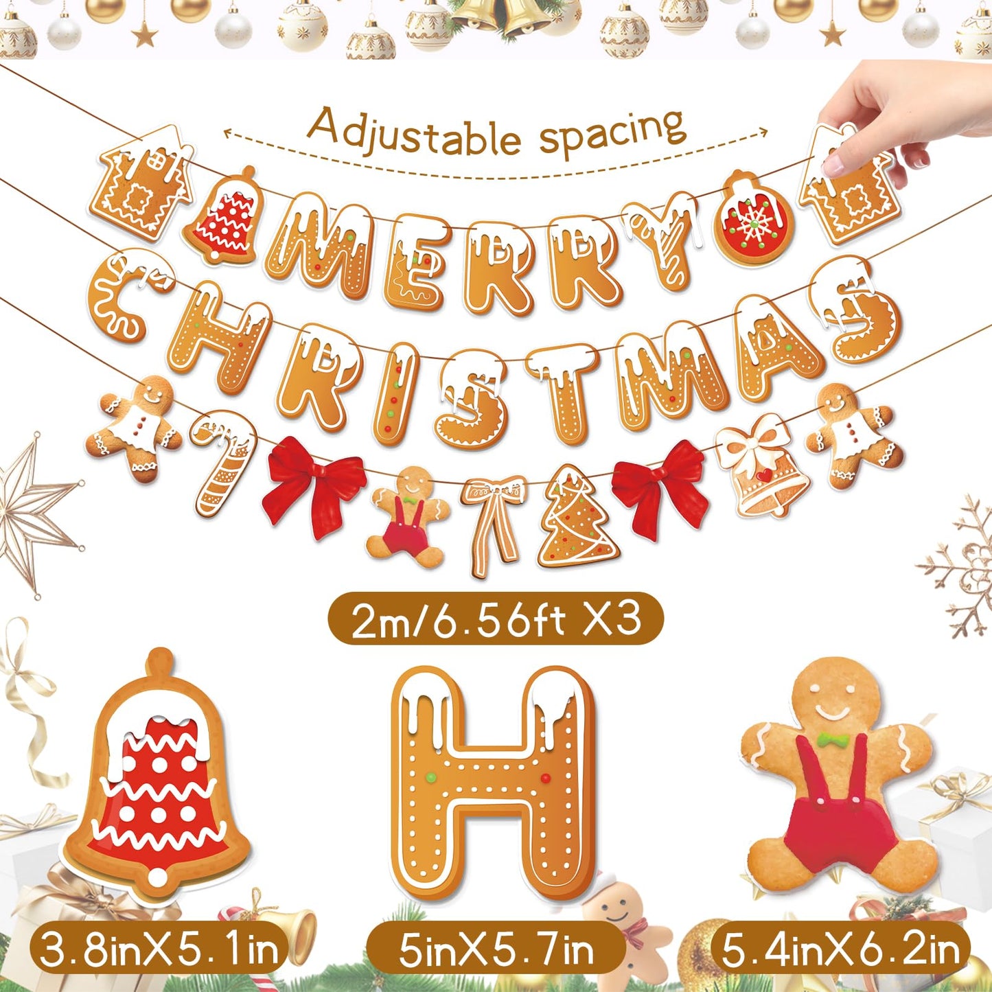 Merry Christmas Banner Gingerbread Christmas Hanging Decoration 3PCS Gingerbread Theme Garland Banner for Holiday Home Office Fireplace Wall Decor Outdoor Indoor Xmas Party Banner