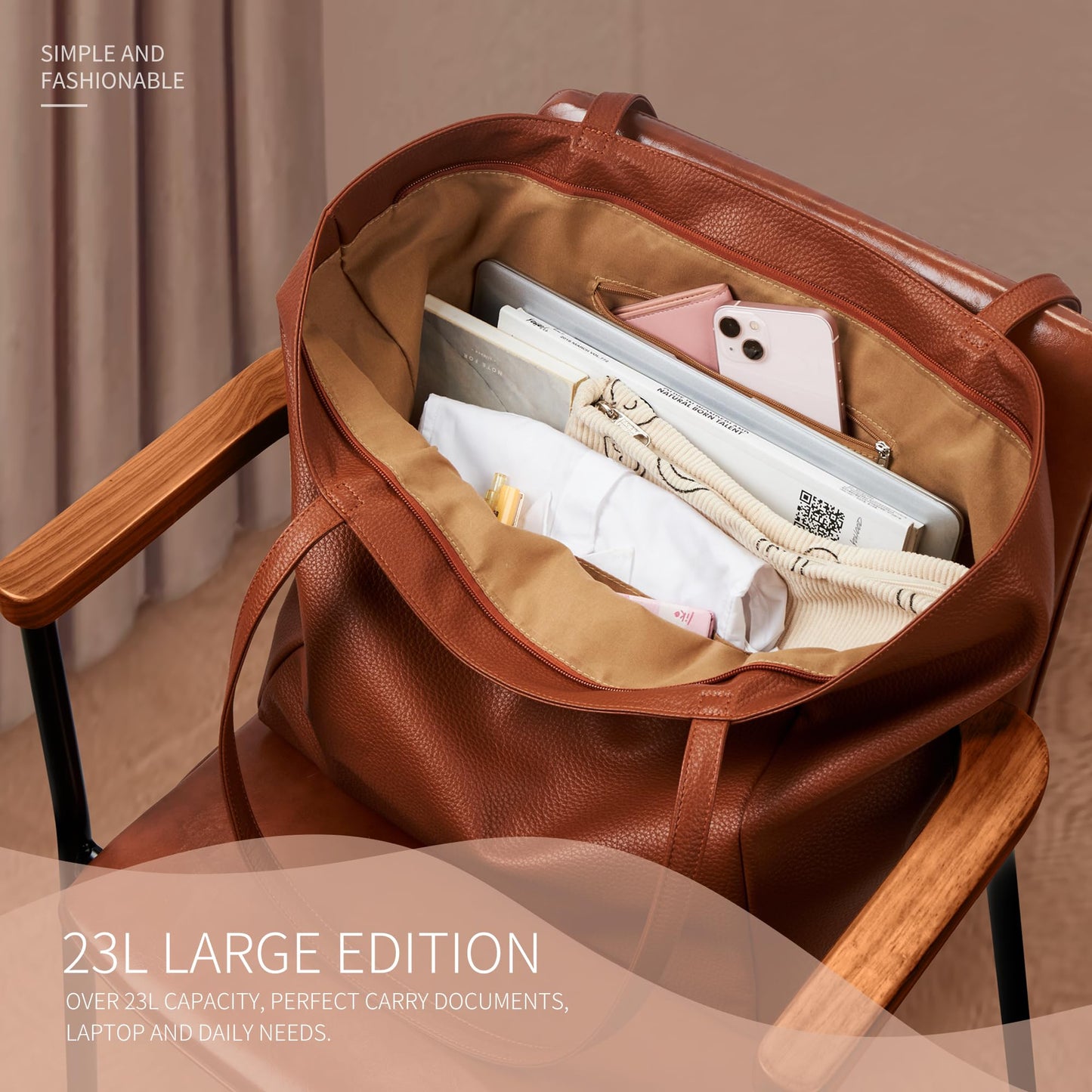 KALIDI Large Tote Bag Vegan Leather Casual Zipper Work Bag Weekender Hobo for Women 25L Oversize Shoulder Travel Purse