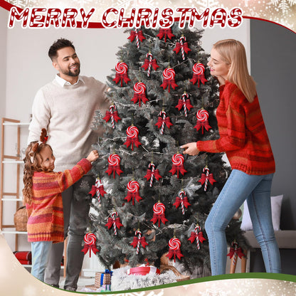 Pinkunn 30 Set Christmas Candy Cane Ornament with Bow Peppermint Candy Cane Christmas Tree Decoration Plastic Lollipop and Bow Hanging Ornaments for Xmas Tree Wreaths Holiday Decorations(Red)