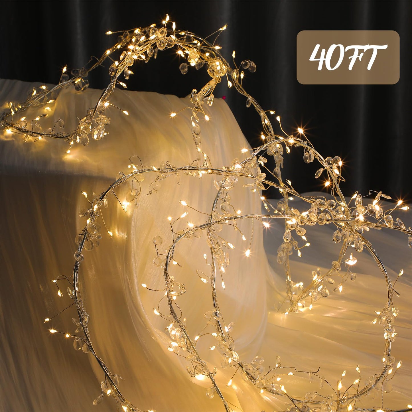Grinsvalley 40 ft Christmas Tree Crystal Garland Decor Fairy Lights with Crystal Drop Ornaments and Iron Wire Remote Control Tree Twinkle Decoration for Indoor Xmas Winter Party Holiday Decorations