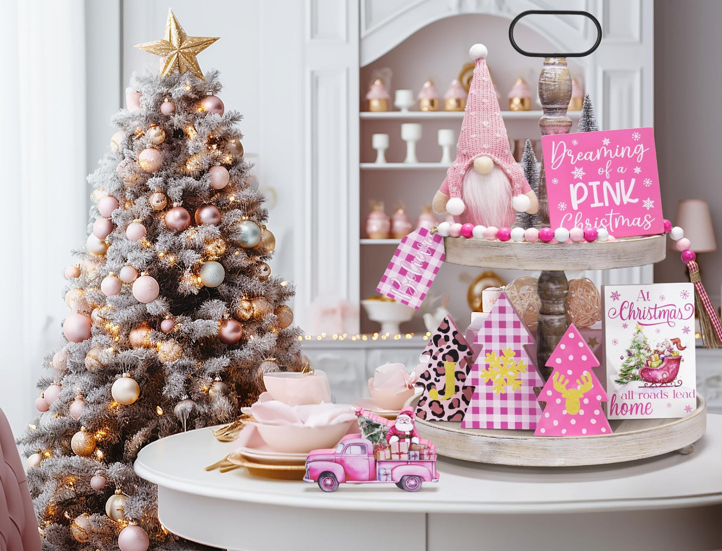 Asoulin Pink Christmas Tiered Tray Decor 8 PCS Xmas Decorations Indoor - Believe Christmas Wooden Signs & Pink Xmas Gnome Plush Set - Table Decor Tier for Home Kitchen Mantel