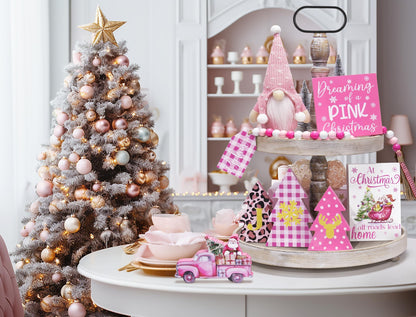 Asoulin Pink Christmas Tiered Tray Decor 8 PCS Xmas Decorations Indoor - Believe Christmas Wooden Signs & Pink Xmas Gnome Plush Set - Table Decor Tier for Home Kitchen Mantel
