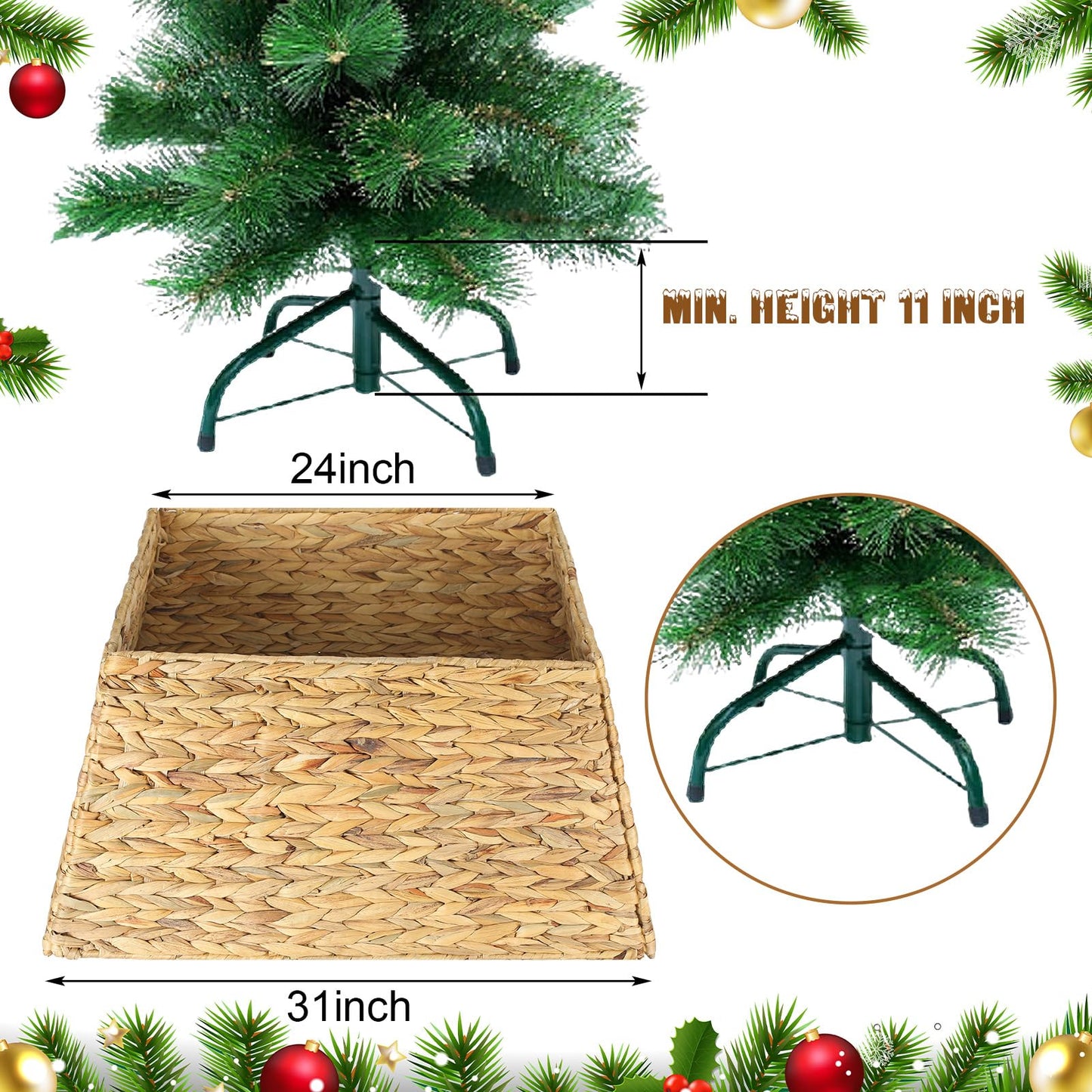Suncalla 22 Inch Christmas Tree Collar Water Hyacinth Woven Farmhouse Square Base Cover Christmas Tree Basket for Xmas Holiday Decorations(Natural)